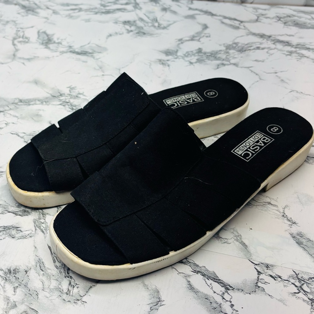 Basic Editions Black Woven Slide Sandals with White Accent size 8